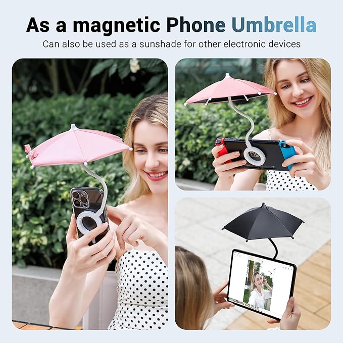 Dual Magnetic Phone Umbrella for Sun,Magnetic Cellphone Sunshade Shield Compatible with Magsafe Phone-Grip/Magsafe Car Phone-Holder,UPF45+ Phone Umbrella for iPhone 17 16 15 Pro Max Outdoor Anti-Glare