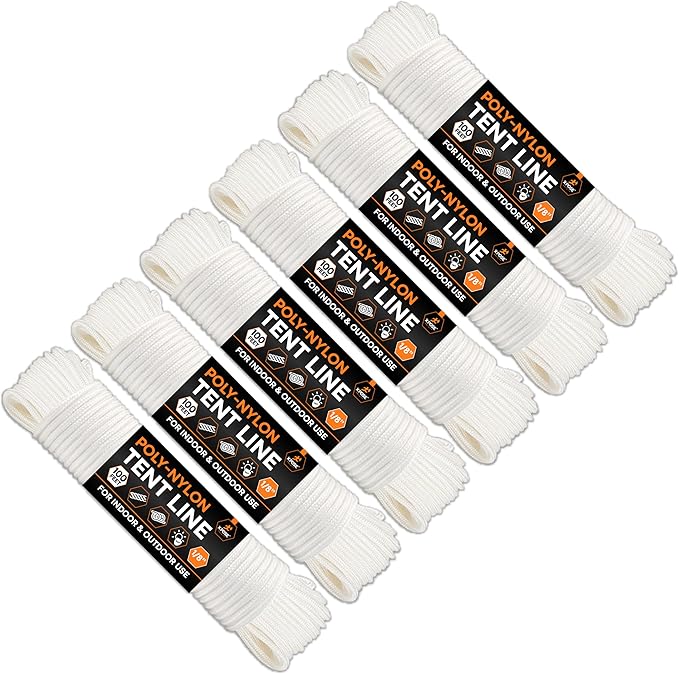 Line Nylon Cord - 100 Ft White Reflective Guyline - Camping Rope, Guy Lines, Tie Down Rope - Tent Accessories & Cordage (Pack of 6)