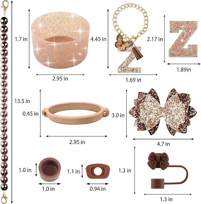 9PCS Brown for Stanley Cup Accessories Set Bling Initials Bow Charms for Stanley Decorations 30/40 Oz Tumbler Accessories Including Bow Straw Topper, Handle Strap, Spill Stopper（Letter Z）