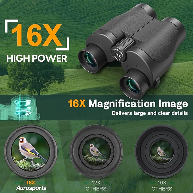 Aurosports 16x32 Binoculars for Adults and Kids - 16x High Power Binoculars for Detail Observation - Low Light Vision Easy Focus Compact Binocular for Bird Watching Hunting Travel Gifts for Men