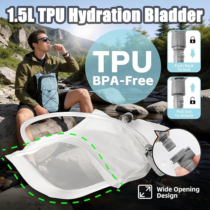 Hydration Pack Backpack, Insulated Hiking Water Backpack with 1.5L Water Bladder, Running Hydration Vest Backpack for Men Women, Hydro Daypack for Hiking, Cycling, Climbing, Rave