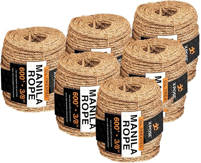 Manila Rope - 3/8 Inch 600' - 3 Strand Cordage Twisted Braided Rope - Thick Natural Fiber for Marine, Decorative for Crafts, Porch Column, Outdoor Pole Wrap, Tree Swing 6 Pack