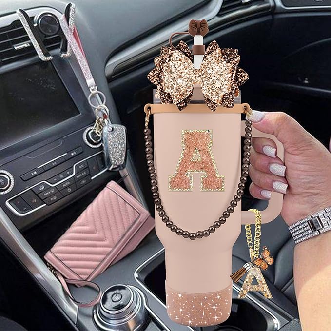 9PCS Brown for Stanley Cup Accessories Set Bling Initials Bow Charms for Stanley Decorations 30/40 Oz Tumbler Accessories Including Bow Straw Topper, Handle Strap, Spill Stopper（Letter A）