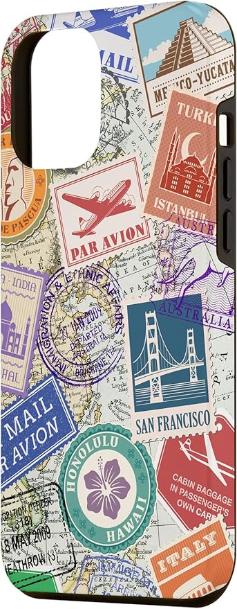 World Map Travel Passport Stamps Postage Stamp Case for iPhone 12 Pro Max