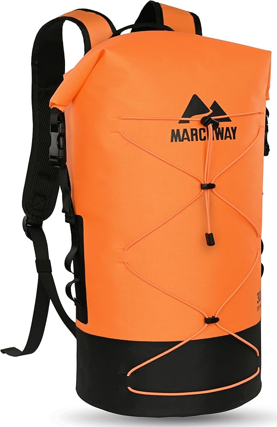 MARCHWAY Floating Roll Top Dry Bag, Flexible Lightweight TPU Waterproof Backpack 20L/30L/40L with Padded Straps for Boating, Kayaking, Swimming, Hiking, Beach (Orange, 30L)