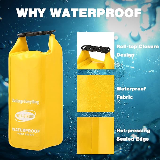 Boat First Aid Kit Waterproof, WELL-STRONG Marine Emergency Kit with Roll Top Dry Bag for Boating Fishing Kayaking – Water-Resistant Contents for Camping & Beach（Yellow）