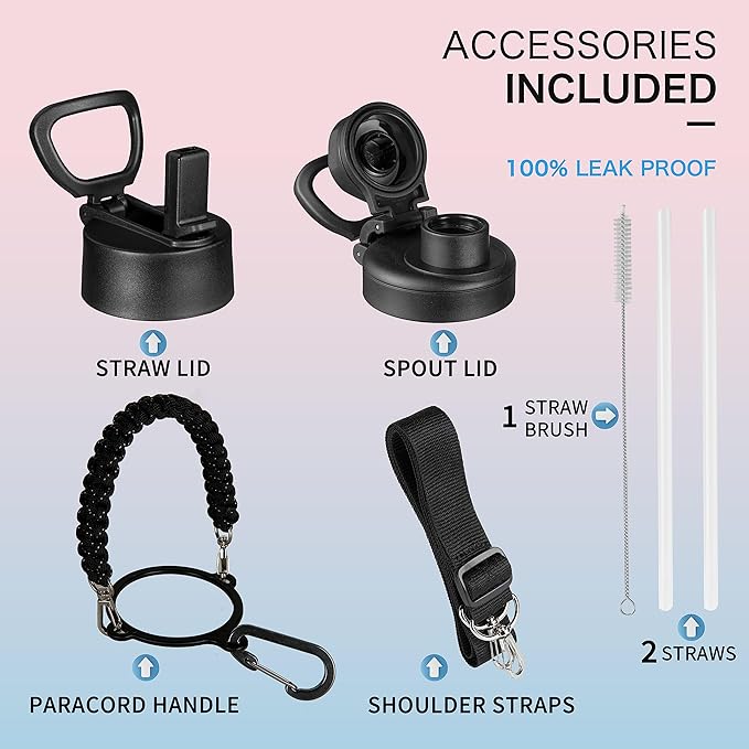 KXIAOCHEN Insulated Water Bottle, Stainless Steel Water Bottle, 2 Lids (Straw and Handle Lid),Wide Mouth Metal Water Bottles Keep Hot and Cold, Double Walled, Thermo Mug, Metal Canteen