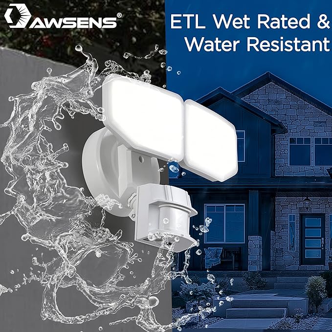 30W LED Motion Sensor Security Light Outdoor, 180 Degree, 2600 LM, 5100 K, ETL Water Resistant, 2 Head Adjustable Motion Sensor Outdoor Detector Light for Patio, Garage, Porch (White)