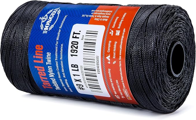 HONGDA Tarred Bank Line Twine, 1920 Feet Nylon Twine #9 Bank Line-Black Nylon String 1.1mm, Black Strong Twisted Seine Rope Ideal for Gardening, Construction, Gear Tying, Jungle Survival