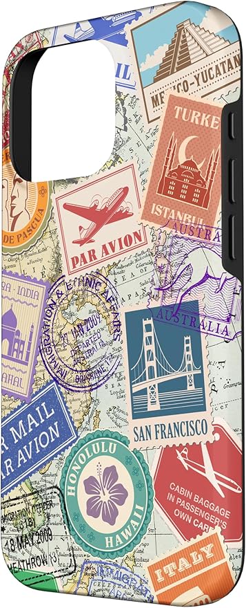World Map Travel Passport Stamps Postage Stamp Case for iPhone 16 Pro