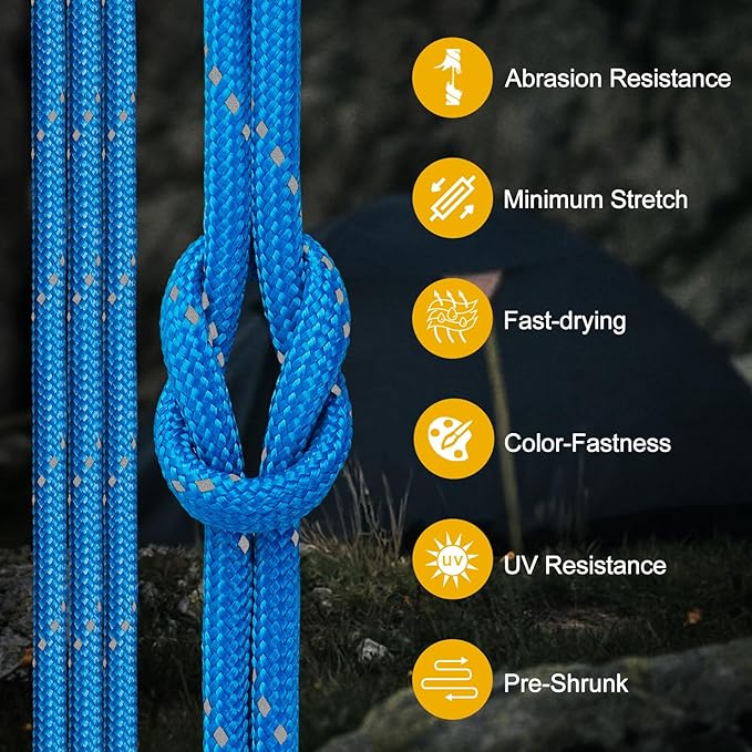Reflective Paracord Rope 850Ib, 50/100/200/500/1000ft 4MM 11 Strand Strong Parachute Cord, Heavy Duty Paracord Rope for Tent Camping, Fishing, Hiking, DIY Crafts Bracelet, Blue 500FT