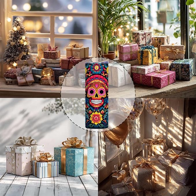 Firmiso 20 oz Tumbler｜Skinny Insulated Travel Mug｜Sugar Skull Floral Stainless Steel Cup with Leak Proof Lid and Telescopic Straw｜Colorful Gothic Boho Drinkware｜Gift Idea for Women Men