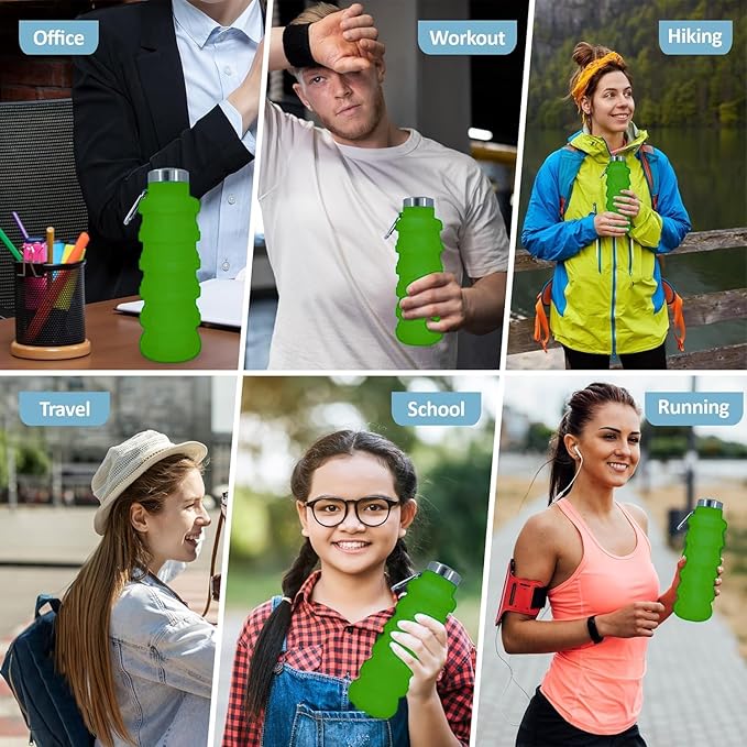 Collapsible Water Bottles 17oz, Odorless BPA-Free Silicone, Leak-Proof Foldable Reusable Bottle - Perfect for Travel Sports Gym Hiking Camping Cycling - Green