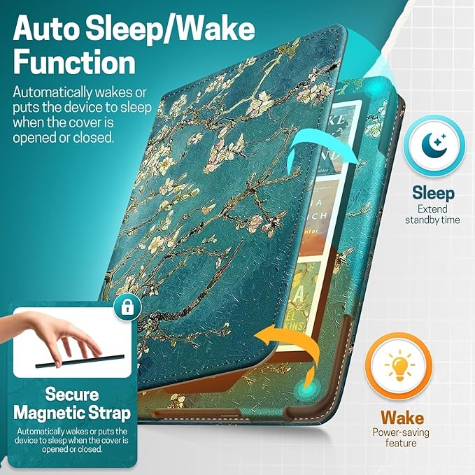 TNP Stand Case with Strap for Kindle Paperwhite 12th Gen 2024 / Kindle Colorsoft Signature Edition - 7" PU Leather Protective Folio Cover with Auto Wake/Sleep & Card Slot, Almond Blossom