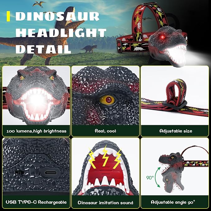 Dysaim Kids Headlamp,Dinosaur Headlamp for Kids LED Head Lamp Camping Gear Flashlight,Hiking Accessories Headlight,Ideal Gift Toys Suitable for Reading Birthday Halloween Xmas Party