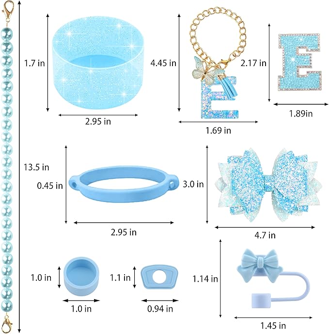 9PCS Blue for Stanley Cup Accessories Set Bling Initials Bow Charms for Stanley Decorations 30/40 Oz Tumbler Accessories Including Bow Straw Topper, Handle Strap, Spill Stopper（Letter E）