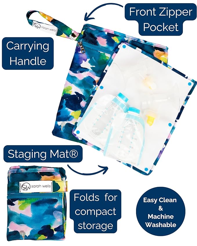 Sarah Wells Pumparoo Wet Dry Bag for Breast Pump Parts – Compact Organizer with Waterproof Pocket, Staging Mat & Fridge Hack – Machine Washable Pumping Accessory (Aquarelle)