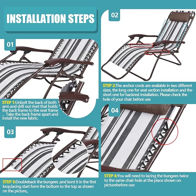 Queekay Chair Replacement Fabric with 4 Bungee Cord Lounge Chair Cloth Mesh Repair Kit for Patio Recliner Outdoor Lawn Pool(63 x 17 Inch,Grey Stripes)