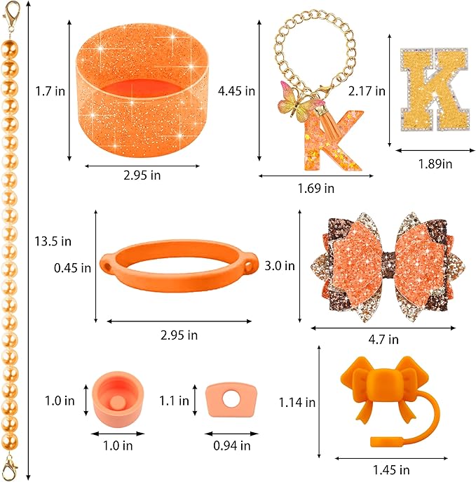 9PCS Orange for Stanley Cup Accessories Set Bling Initials Bow Charms for Stanley Decorations 30/40 Oz Tumbler Accessories Including Bow Straw Topper, Handle Strap, Spill Stopper（Letter K）