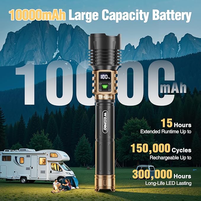WdtPro Rechargeable LED Flashlights High Lumens, Super Bright 90000LM Rechargeable Flashlight with LCD Display, 5 Modes & Waterproof Powerful 10000mAh Handheld Flashlight for Camping Emergency Gold