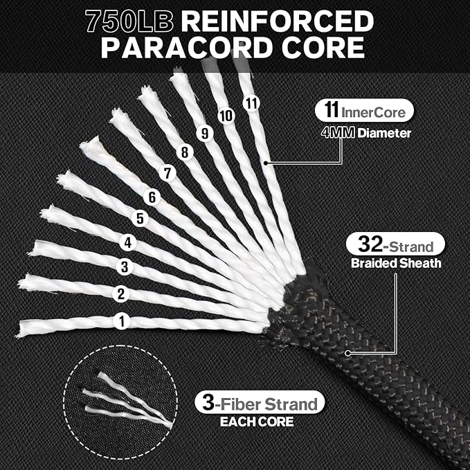750lb Paracord Rope - 4mm 11 Strand Parachute para Cord Spool Rope Utility Nylon Survival Cord for Outdoor Camping Tent Crafting Bracelets DIY Projects - Black 50ft
