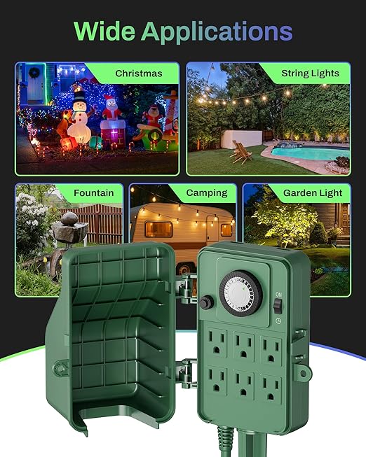 BN-LINK Outdoor Power Stake Timer Waterproof, 24-Hour Mechanical Timer with 6 Grounded Outlets, 6FT Extension Cord for Halloween/Christmas Decor Lights, ETL Listed