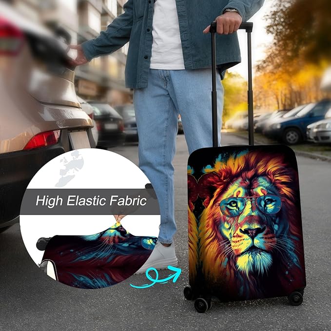 Luggage Cover Protector for 19-20 Inch Suitcases, TSA Approved Elastic Travel Suitcase Covers, Anti-Scratch Washable Luggage Sleeve for Carry On & Checked Bags, Lion With Glasses