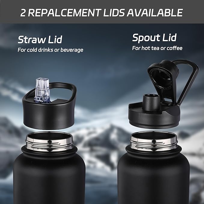 HASLE OUTFITTERS 32 oz Insulated Water Bottle Stainless Steel Double Walled Vacuum Sports Water Bottle with 2 Lids (Straw and Spout Lid) for Gym Camping Hiking(Black,4)