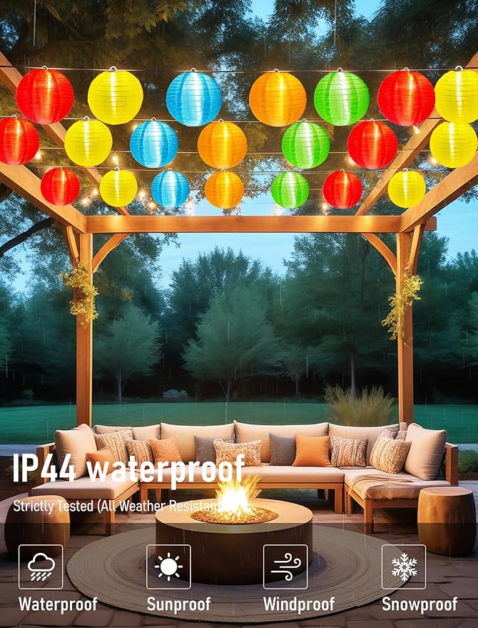 G40 LED Outdoor Lantern String Lights, 27.5FT Multicolor Patio String Lights with 10 Chinese Lanterns, Plug in Nylon Lantern Lights Waterproof UL Listed for Backyard Party Birthday Wedding Christmas
