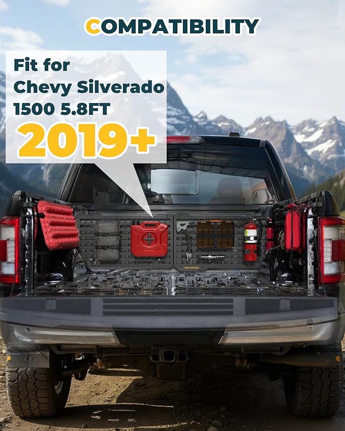 Trumgeta Aluminum Front Bed MOLLE Panel Fit for 2019–2026 Chevy Silverado 1500 5.8FT, No-Drill Installation, Heavy-Duty Truck Bed Organizer Storage Rack System for Tools and Outdoor Equipment