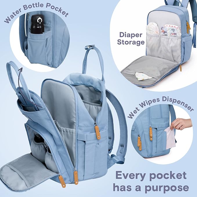 RUVALINO Diaper Bag Backpack-Multifunction Baby Travel Bag with Changing pad, Insulated Bottle Holders & Pacifier Case, Large Capacity, Waterproof, Sky Blue