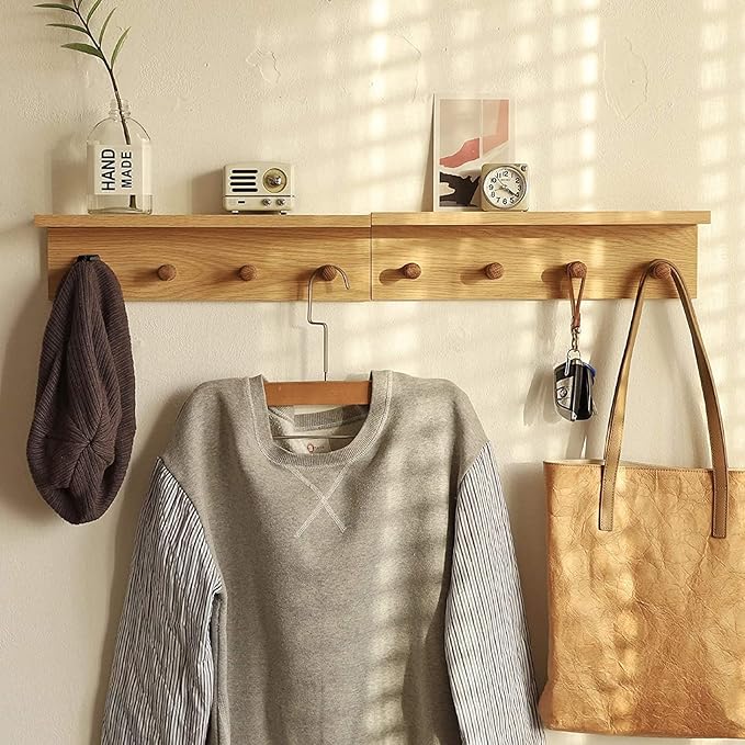 Entrance Coat Rack ，Coat Hooks, Wall-Mounted Wooden Hook Rack, Wall-Mounted Shelves(Oak Colored Finish—A-1)