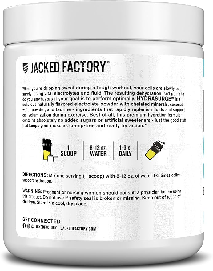 Jacked Factory HYDRASURGE Electrolyte Powder - Hydration Supplement w/Key Minerals, Himalayan Sea Salt, Coconut Water - Keto Friendly, Naturally Sweetened - 60 Servings, Refreshing Lemonade