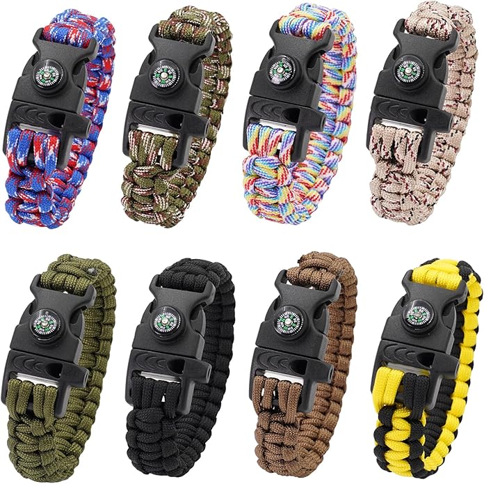 8 Pack Emergency Survival Bracelet with Whistle and Compass,Survival Kit,Wildness Emergency Survival Kit for Camping,Outdoor Travel, Hiking