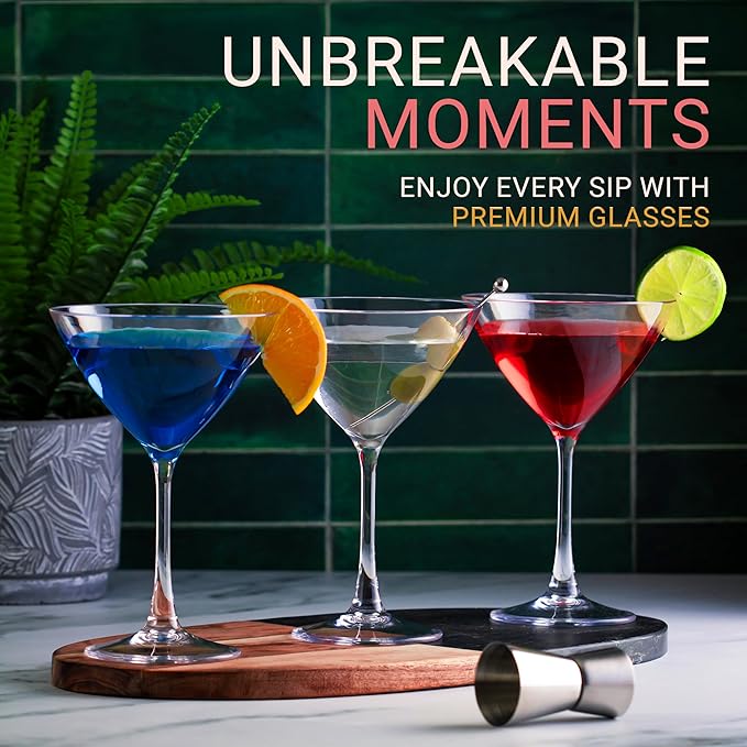 Bravario Unbreakable Plastic Martini Glasses, 100% Tritan Shatterproof Plastic Cocktail Glasses, Premium Quality, BPA-Free Dishwasher-Safe Reusable, 8 oz Set of 4
