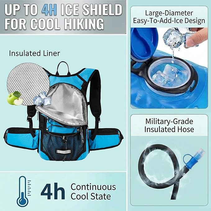 Miracol Hiking Hydration Backpack with Bladder: 2L Water Reservoir for 8H Hydration - Insulated Keep Water Cold 4 Hours - Adjustable Straps Comfortable for Day Hiking/Cycling/Half Marathon (Blue)
