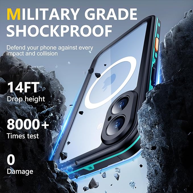 Red2Fire for iPhone 17 Case Waterproof, [Built-in Screen Protector & Camera Protector][Compatible with MagSafe][Full Body Shockproof][IP68 Waterproof][Dustproof] Phone Case 6.3" Blue/Clear