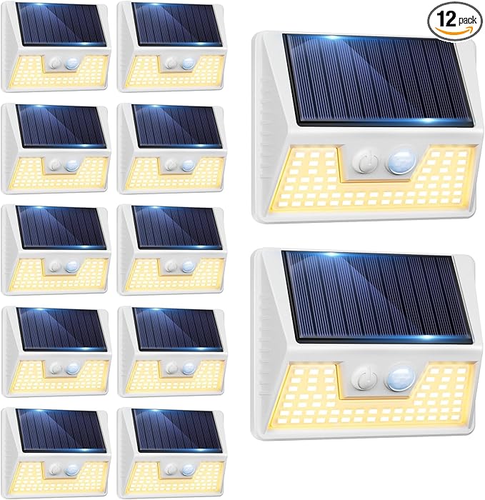 vighep 12Pack White Solar Lights Outdoor Motion Sensor, 3000K Warm Light/3 Lighting Modes, IP65 Waterproof Solar Powered Wall Lights Outside for Garden Fence Backyard Deck Driveway