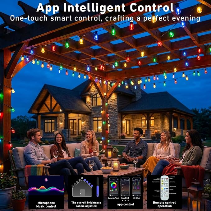Outdoor String Lights,200FT Smart RGB+IC Patio Lights with Shatterproof LED Bulbs ,Outside Light Dimmable Patio for Decor DIY IP67 Waterproof ,Courtyard, garden,Holiday,LED lights more Scene Modes