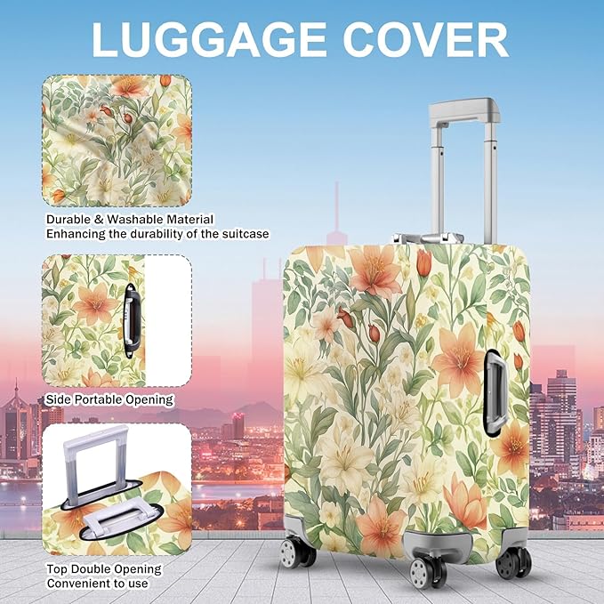 ANNA QUEEN Floral Botanical Luggage Cover, Vintage Flower Suitcase Protector, Washable Stretchable Travel Cover for 24-26 Inch Luggage