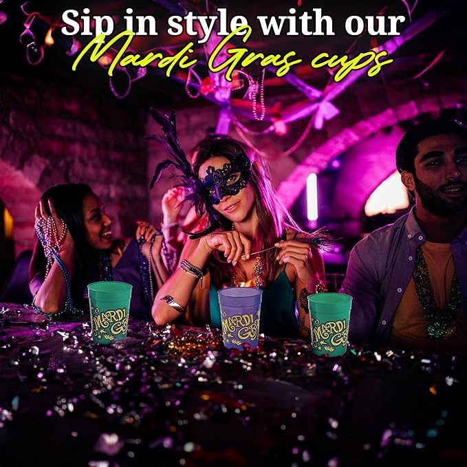 Fun Express Plastic Cups Reusable 12 Pack - Heavy Duty Mardi Gras Party Cups 11oz for Celebrations | Colorful Green Plastic Drinkware Set for Indoor & Outdoor Events | BPA-Free Bulk Party Essentials