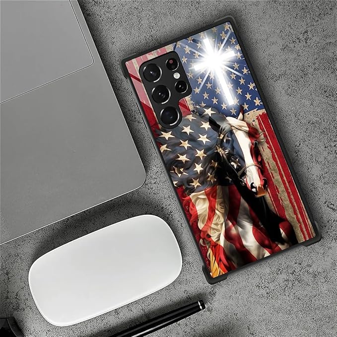 for Samsung Galaxy S22 Ultra Case, Red American Flag Horse Cross Pattern Graphic Design Girl Boy Soft Silicone Hard Acrylic Shock Protection for Samsung Galaxy S22 Ultra