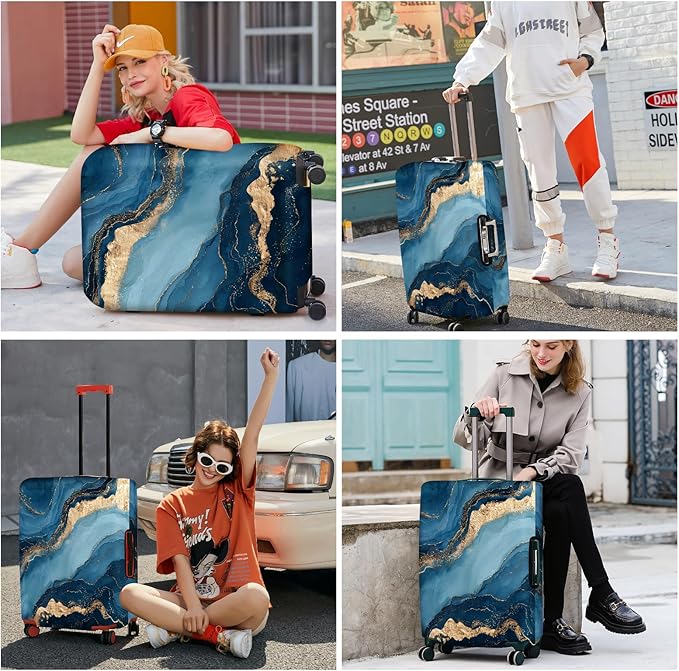 ANNA QUEEN Blue Marble Luggage Cover, Modern Gold Vein Abstract Design Suitcase Protector, Washable Stretchable Travel Sleeve for 24-26 Inch Luggage