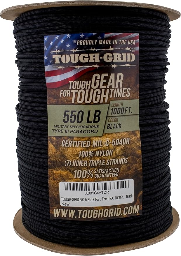 TOUGH-GRID 550 Paracord, Type III Mil-Spec Nylon Rope - 1000 Ft Black Tactical Survival Cord