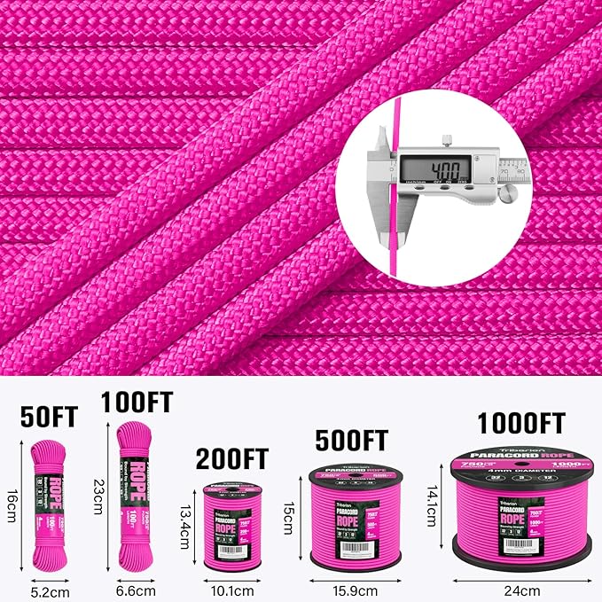 Paracord Rope 750 lb - 500ft 5/32" Parachute Cord 4MM 12-Strand para Cord - Heavy Duty Spool String for Survival,Camping Gear, Survival Bracelet, Clothesline - Rose Pink