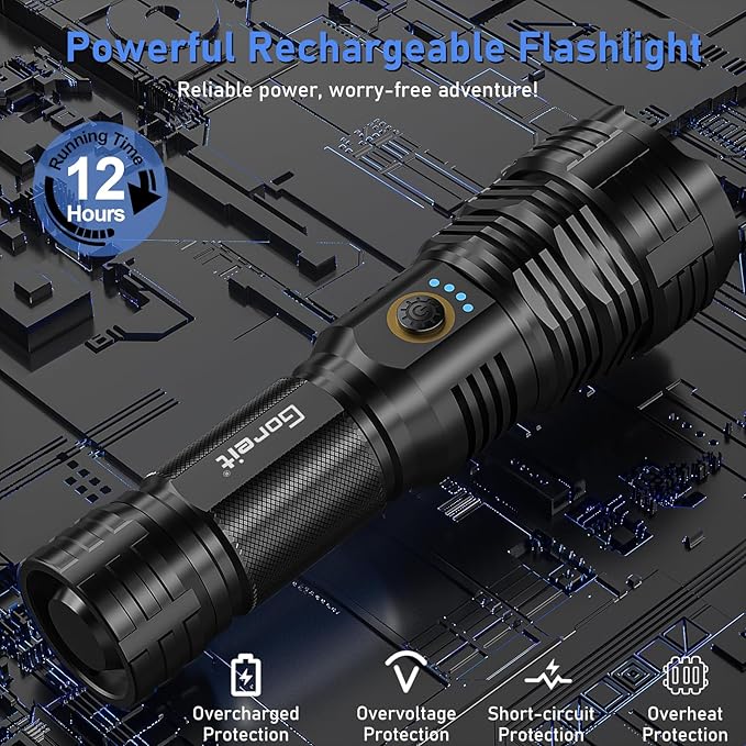 Flashlights LED High Lumens Rechargeable, Goreit 20,000 Lumens XHP70.2 Super Bright Flashlight, Flash Light Battery Powered, Powerful Handheld Flashlight with holster for Emergency Camping Hiking Gift