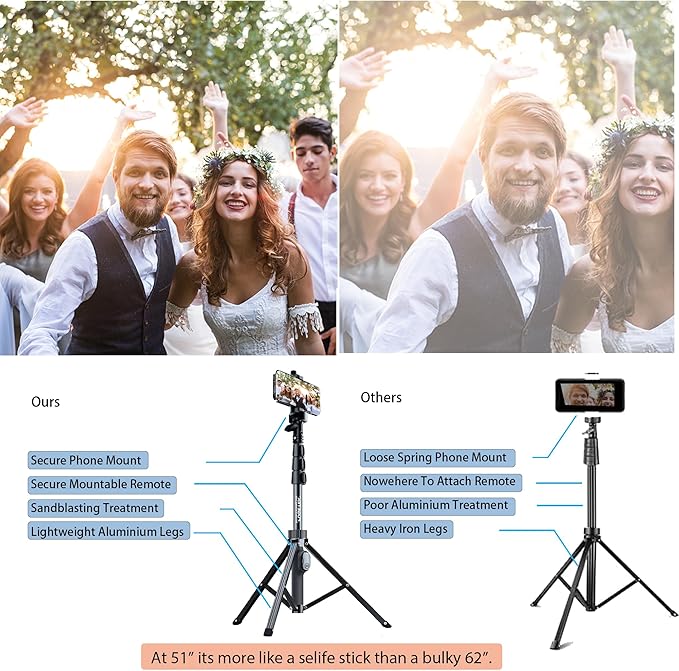 Fugetek 51" Professional Selfie Stick Tripod, 100% All Aluminum Stick & Legs, Lightweight, Detachable Bluetooth Remote, Portable All in One, Compatible with iPhone & Android, Non Skid Feet, Black