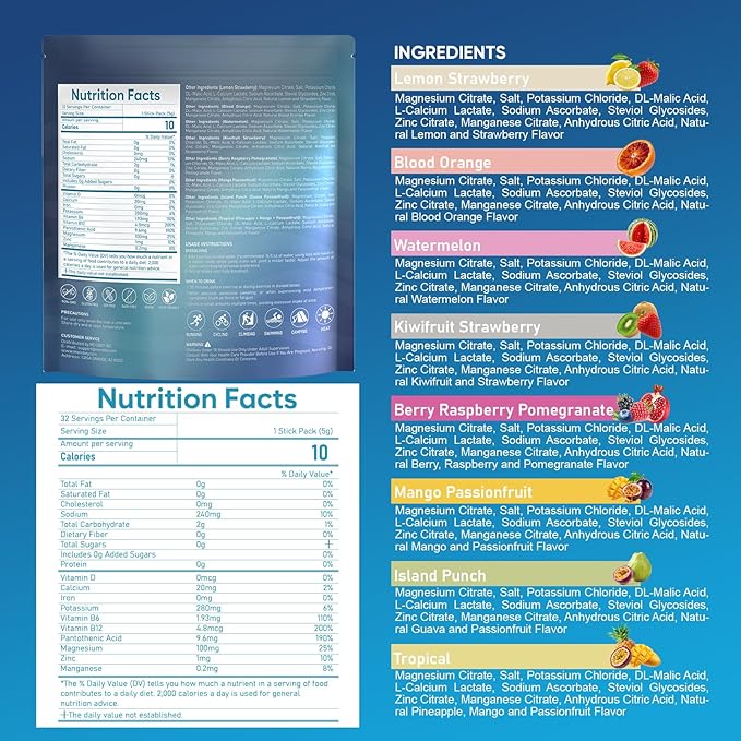 Electrolyte Powder Packets – 32 Sticks Sugar Free Hydration Packets, Liquid Daily IV Electrolyte Hydration Powdered Drink Mix with 11 Vitamins & Minerals, Keto Friendly, Vegan, Non-GMO