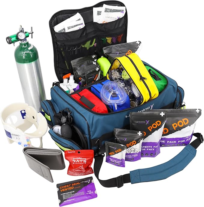 Lightning X Fully Stocked X-Tuff Modular Oxygen Trauma Bag w/Removable Organizer Pouches for EMS/EMT + First Responder - Blue
