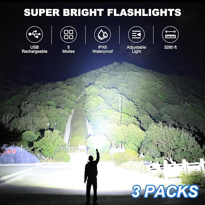 Kmivo Rechargeable Led Flashlight High Lumens - 99,000lm Bright Powerful Flash Light with 5 Modes, Waterproof Handheld Linterna for Home, Camping(3 Packs)